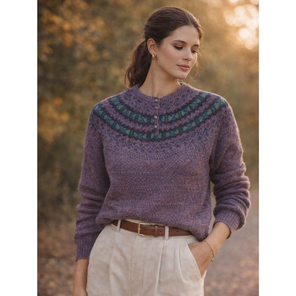Northern Isles Wool Sweater S Purple Fair Isle Yoke Vintage Cozy Cottagecore